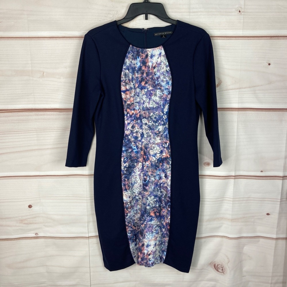 Antonio Melani Dress Womens 6‎ Blue Ponte Knit Sheath Stretch Long Sleeve Zipper
